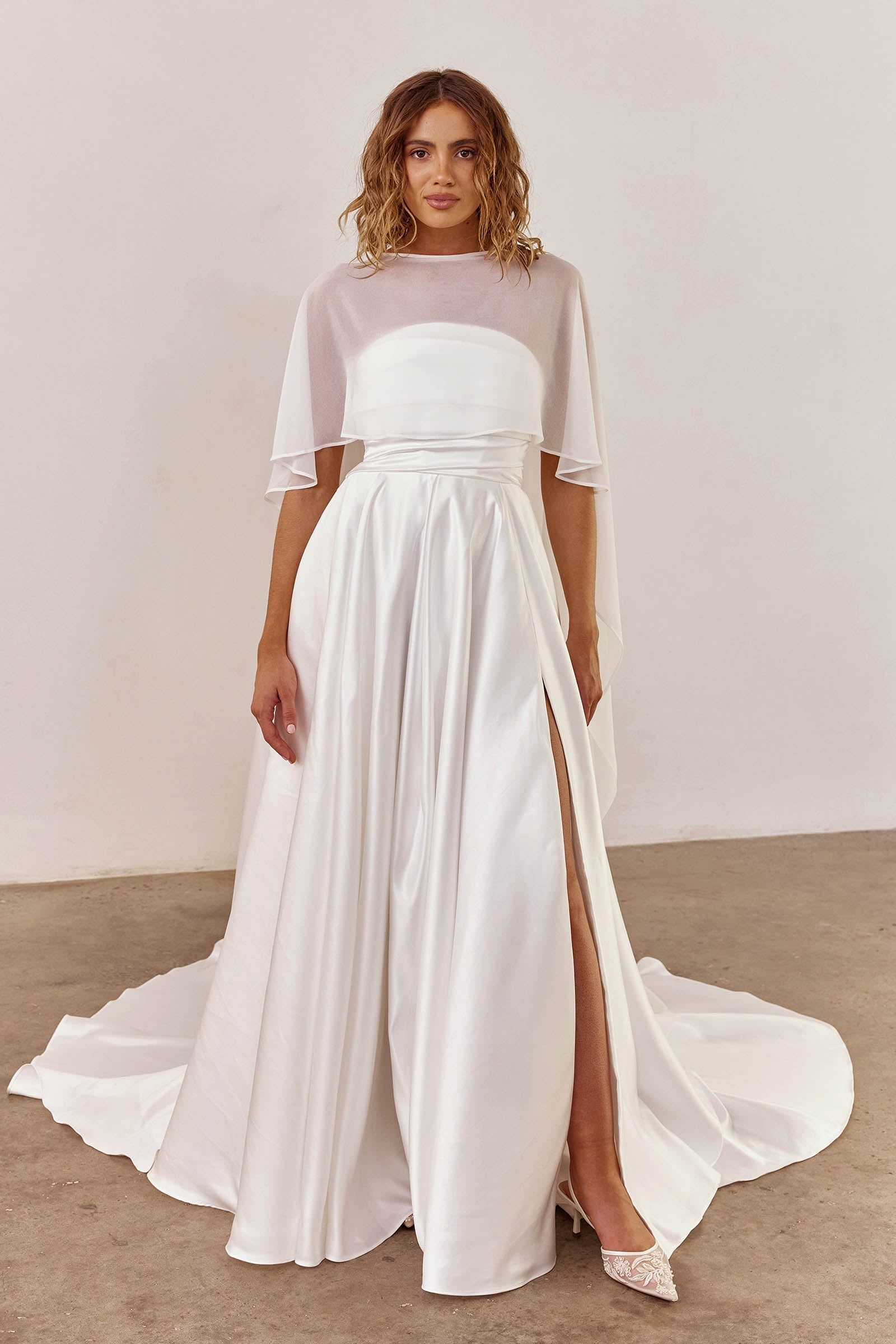 Strapless satin wedding dress and sheer bridal cape_XS_