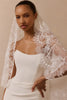 A woman wearing a white strapless wedding dress and a sheer white lace bridal veil with floral embroidery, posed against a warm beige studio background.