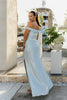 Off the shoulder blue bridesmaid dress