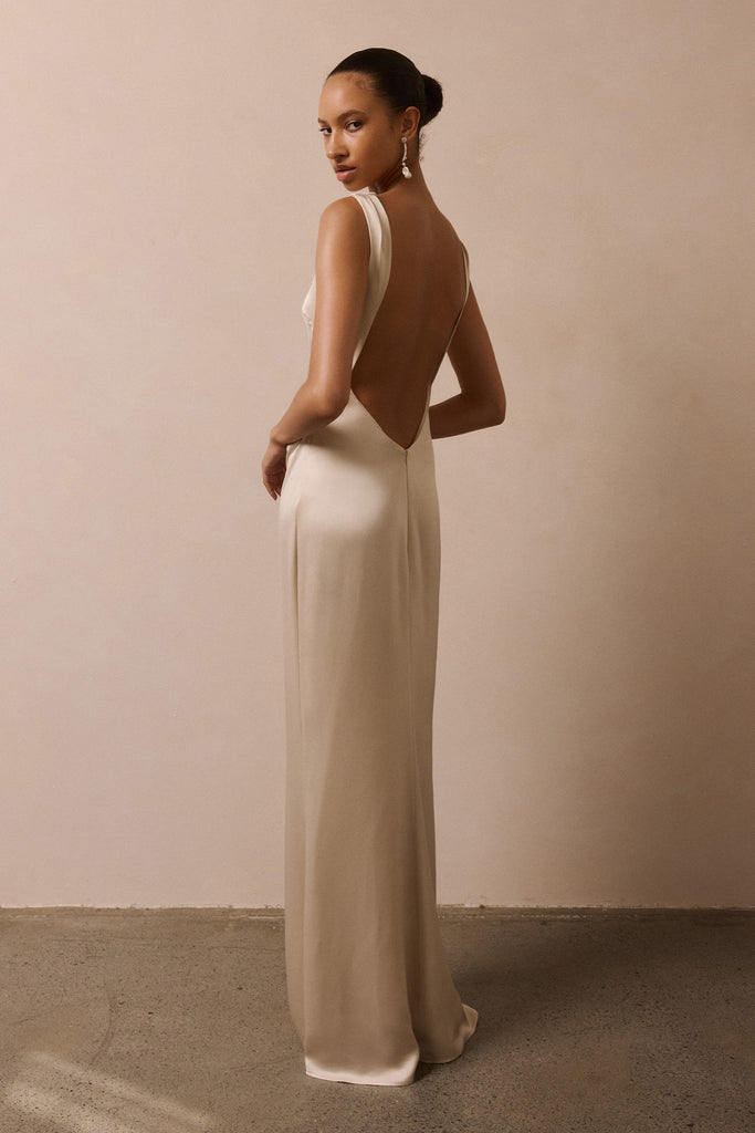 High neck champagne bridesmaids dress