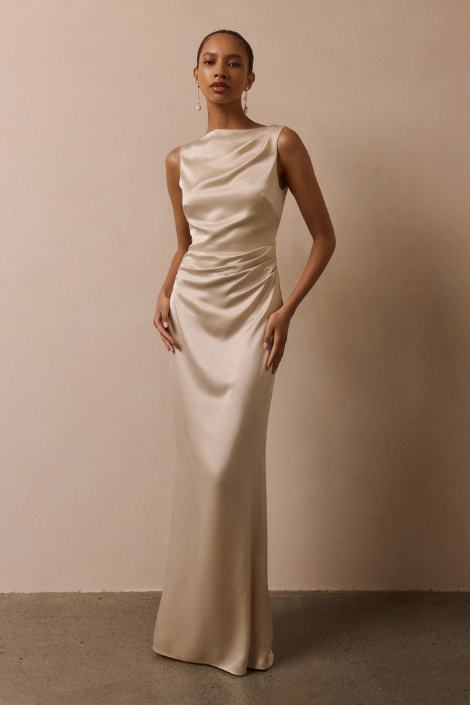High neck champagne bridesmaids dress