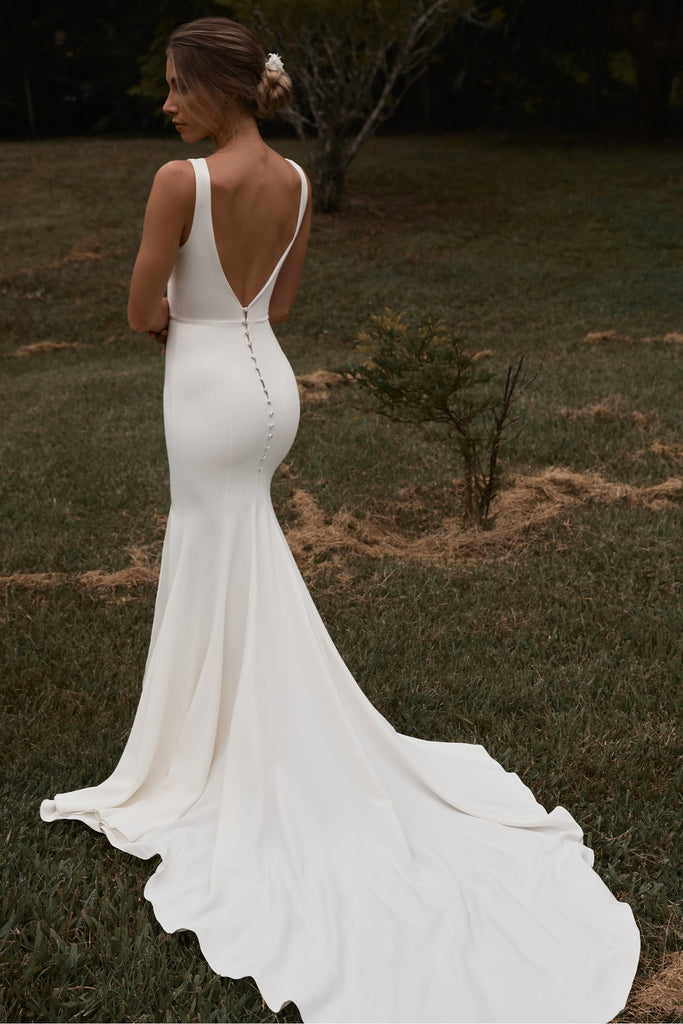 Back button detailing and train of the Jones gown