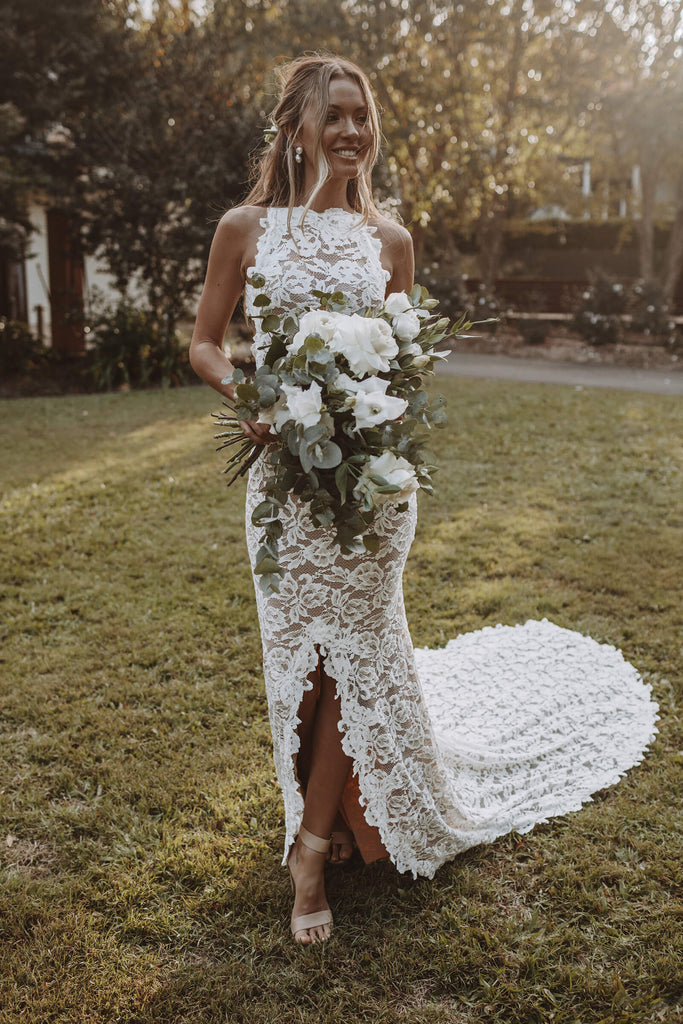 Alexandra wedding dress with high neck lace